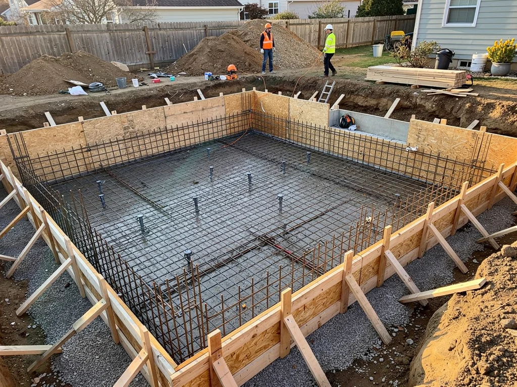 Chantier de piscine enterrée en béton avec ferraillage avant coulage
