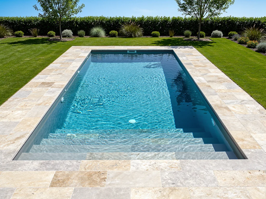 Piscine creusée rectangulaire avec plage en pierre et escalier immergé