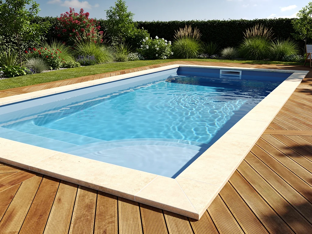 Piscine coque polyester posée avec margelles et terrasse en bois