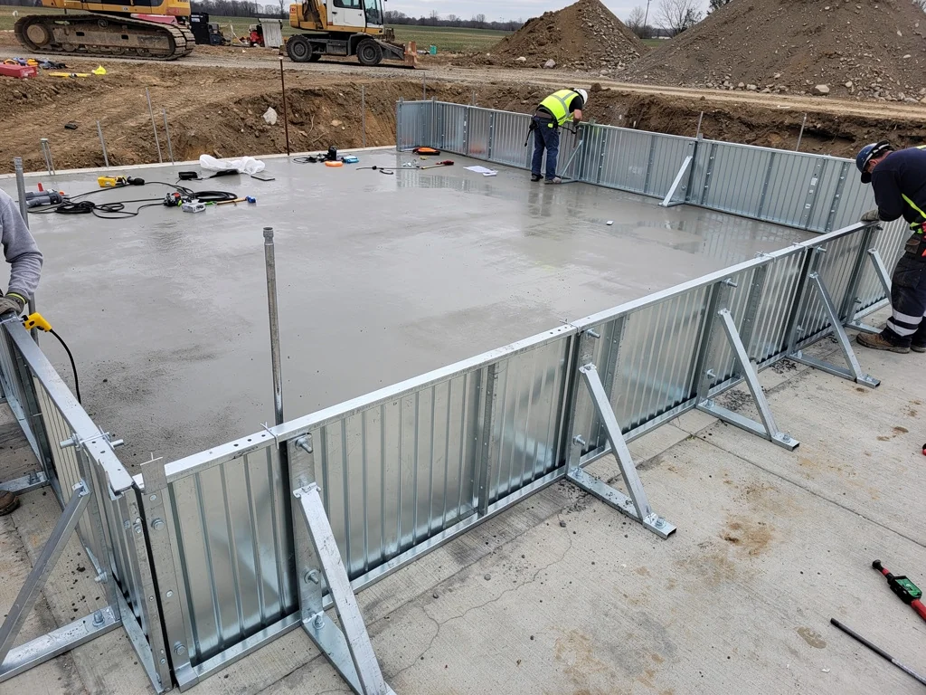Pose des panneaux d'un kit de piscine enterrée sur radier béton