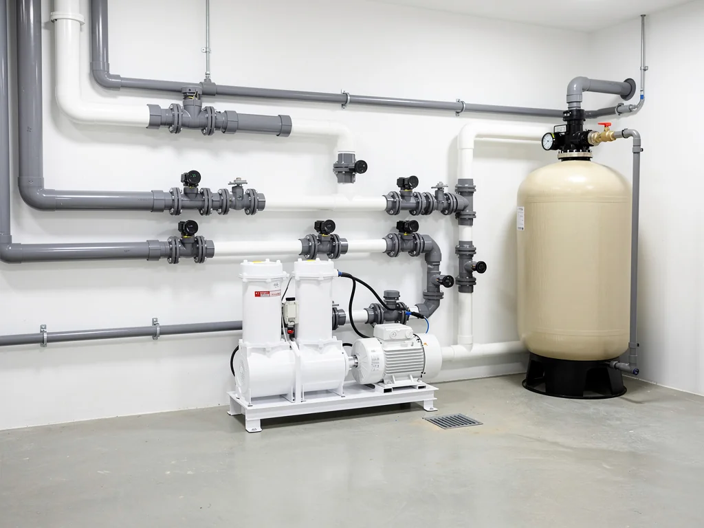 Local technique d'une piscine avec pompe de filtration et vannes